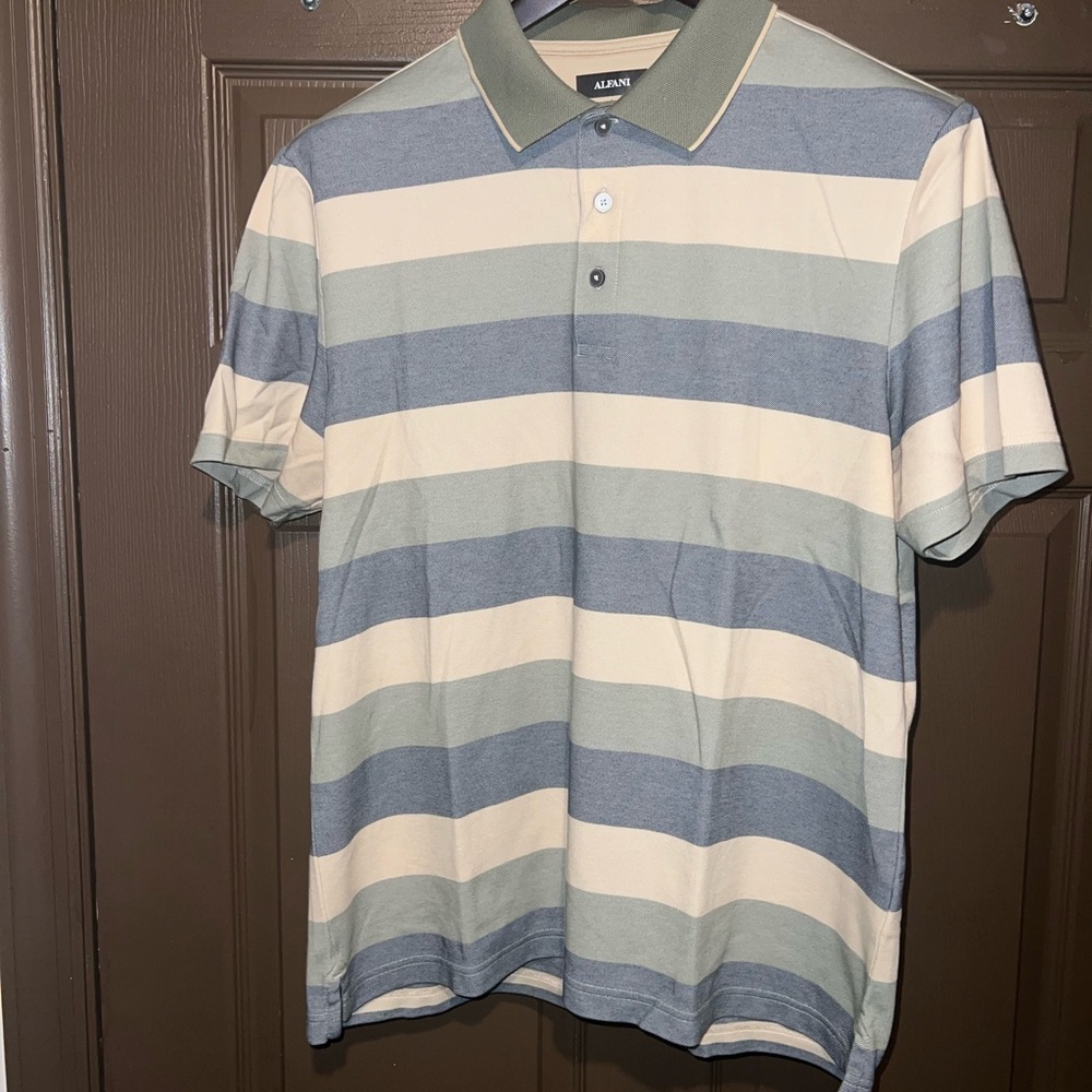 Alfani Men's Striped Supima Cotton Polo - Blue, Green & Tan Large